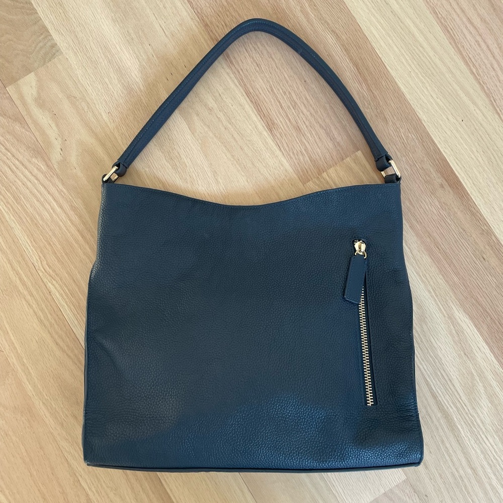 Tote Le Monde Genuine Leather Florence Slouch shoulder tote bag, Navy Blue